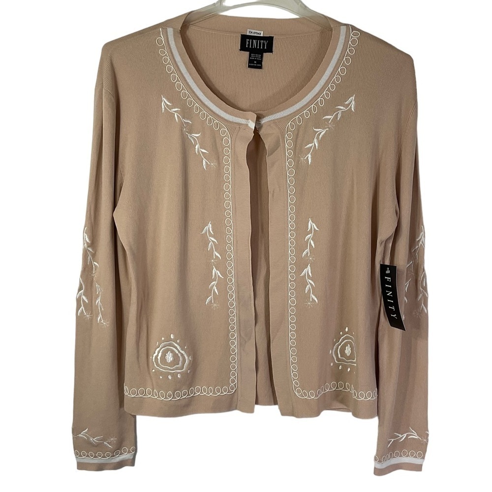 Finity Tan Embroidered‎ Cardigan Sweater M Neutral Nude Lightweight